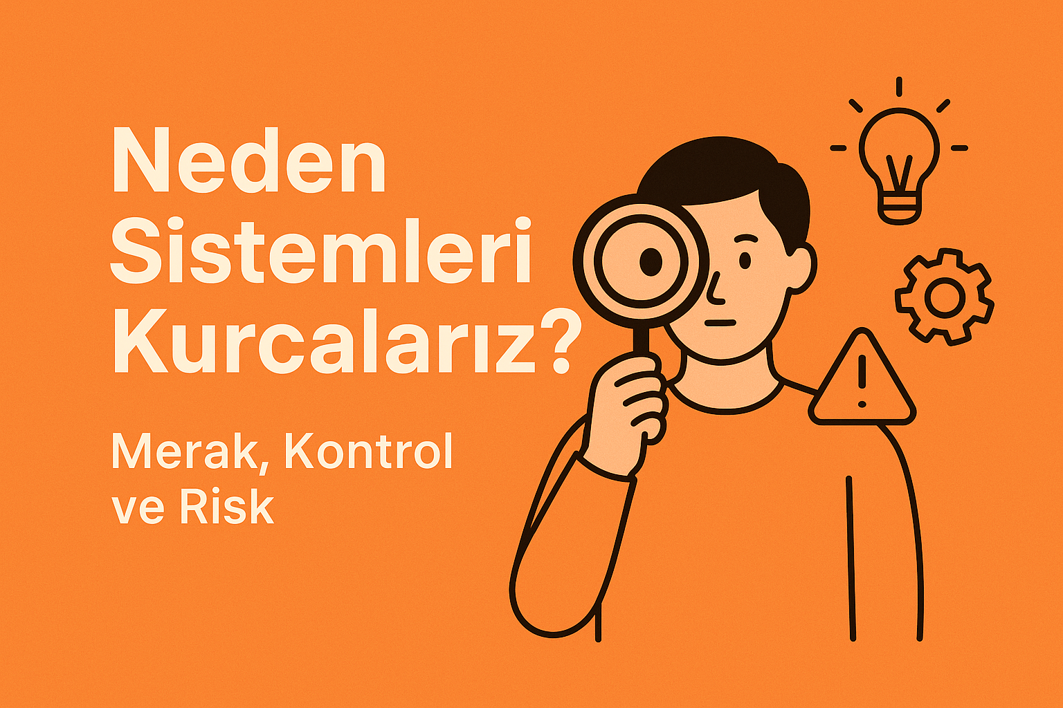 Bir kişi büyüteçle sistemleri inceliyor; yanında ampul, dişli ve uyarı ikonu var. Merak, kontrol ve risk temalı minimalist illüstrasyon.