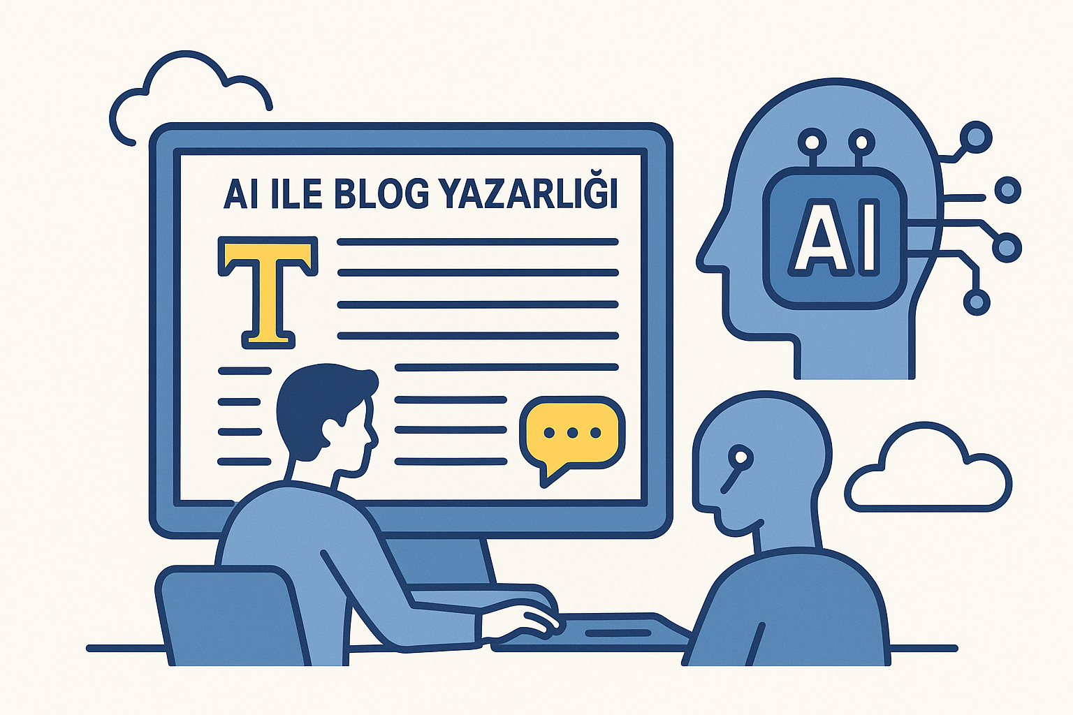 Bir blog yazarı bilgisayar başında yazı yazarken, ekranda “AI ile Blog Yazarlığı” ifadesi ve yanında yapay zekâ sembolü olan dijital bir beyin illüstrasyonu.